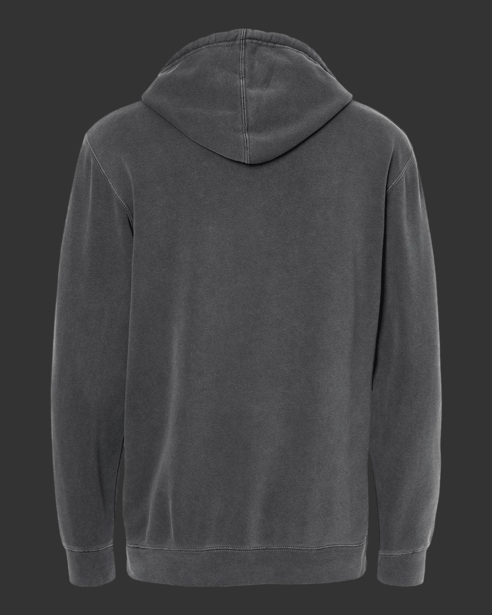 Back view of a dark gray hoodie on a Dark background