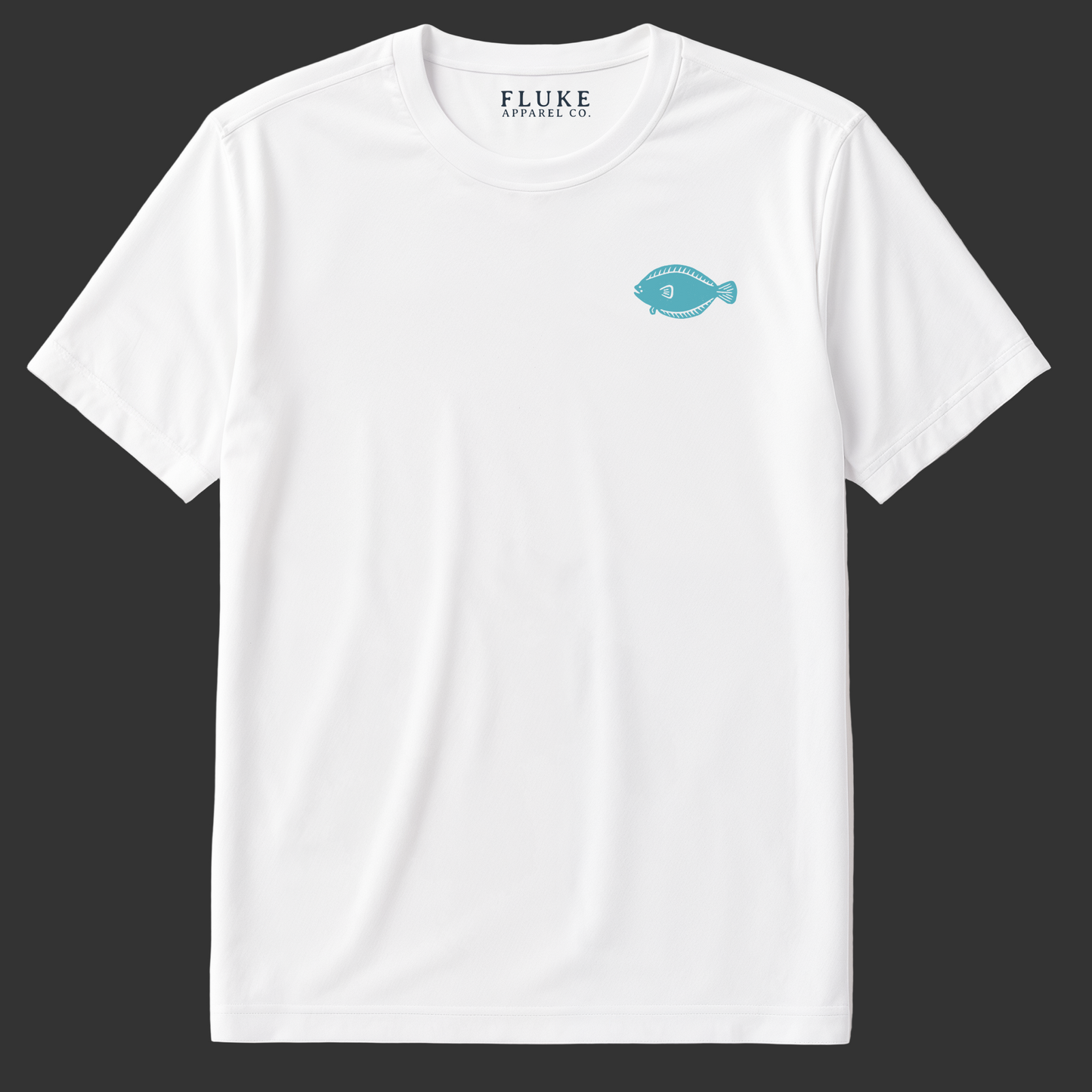 White t-shirt with a blue logo on a white background