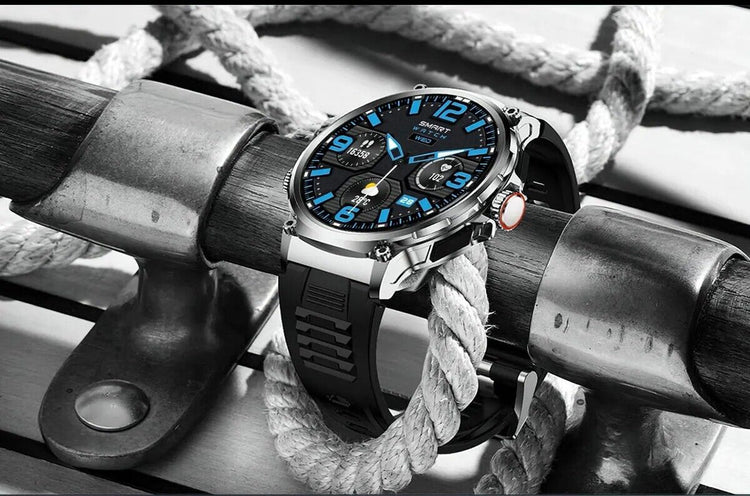 Stylish men’s smart watch with black silicone band and blue-accented dial displayed on a nautical rope and metal surface, showcasing a durable and modern design.
