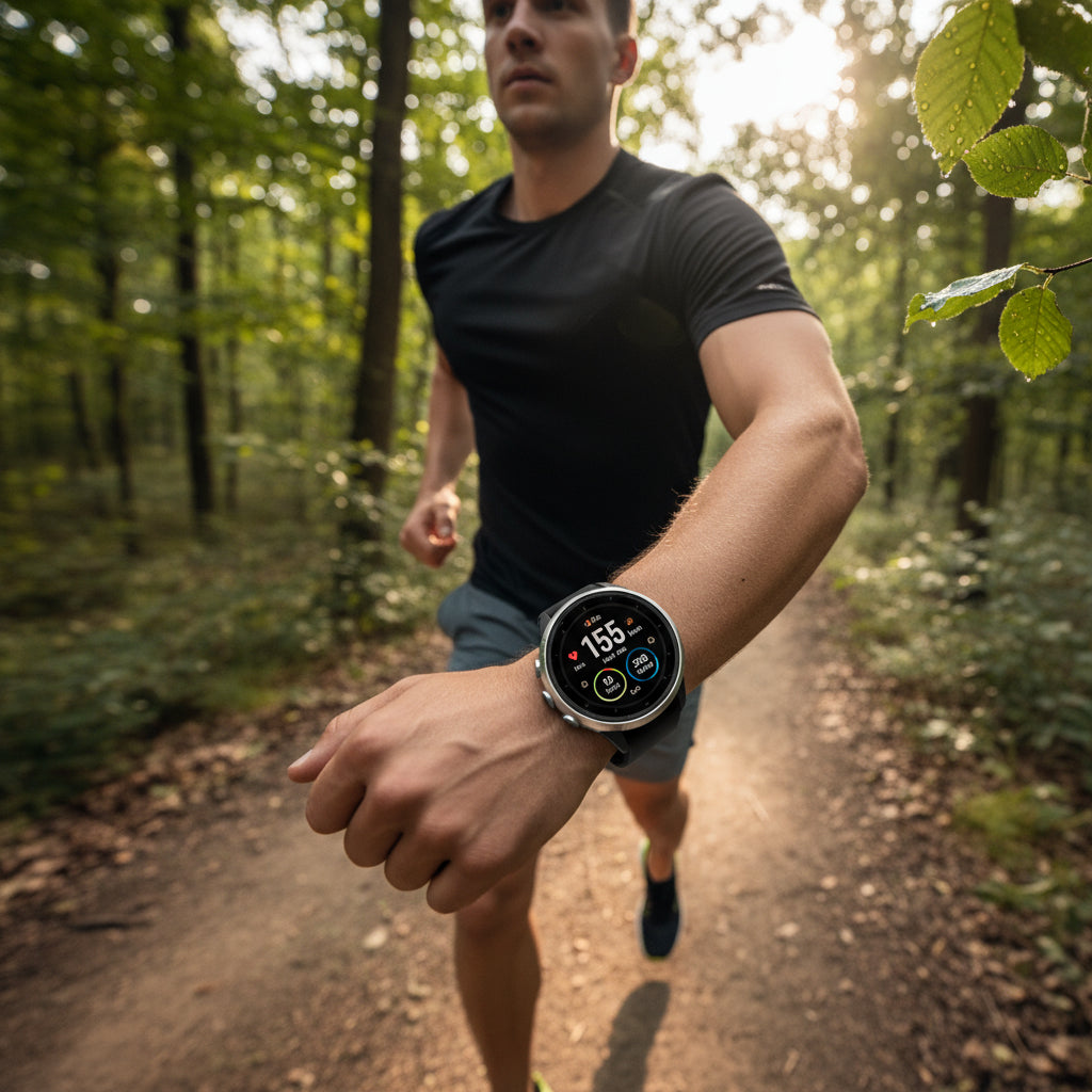 Black 1.85" Ultra HD Smartwatch on a clear glass display