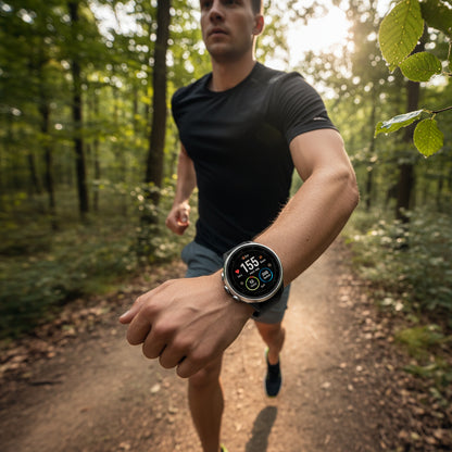 Black 1.85" Ultra HD Smartwatch on a clear glass display