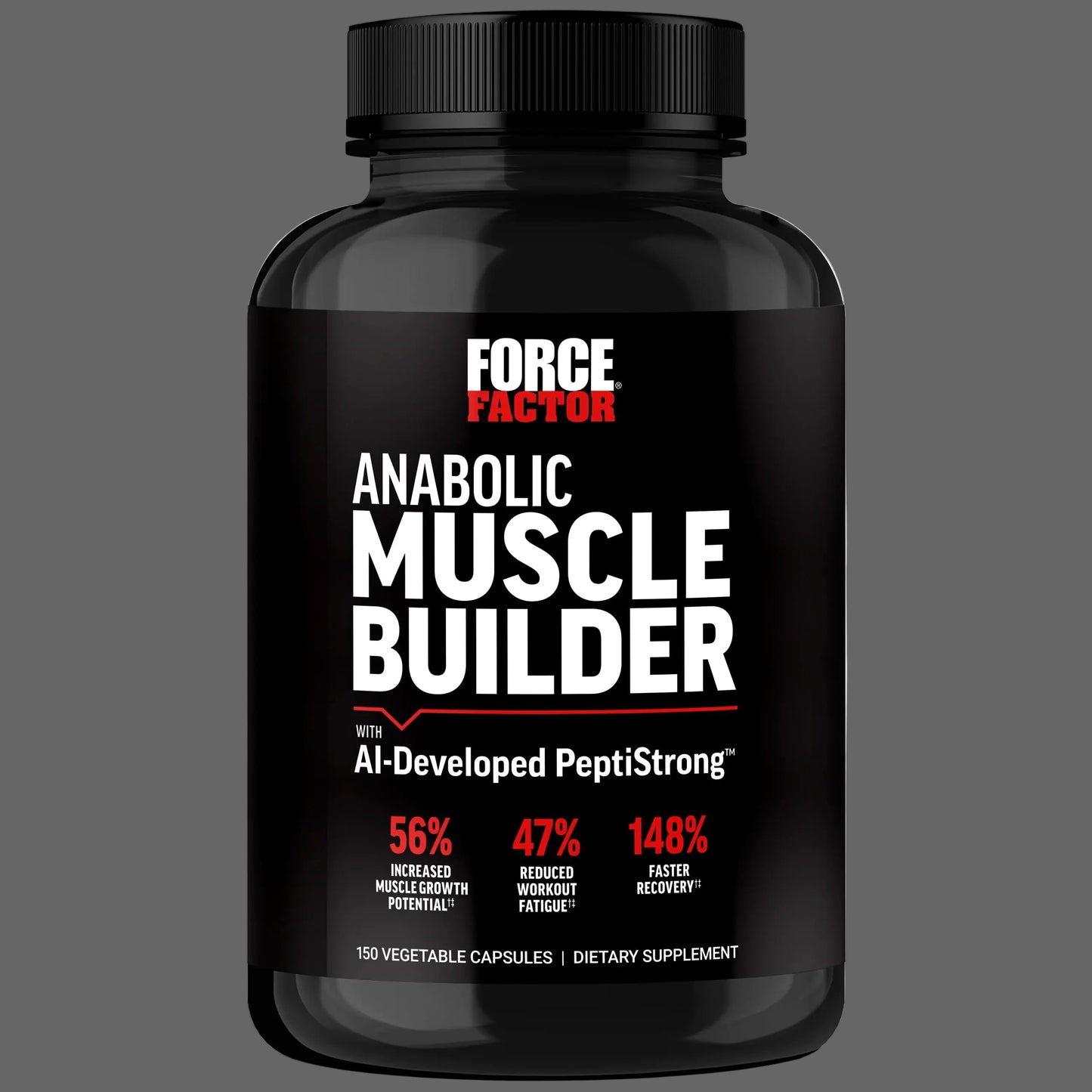 Black supplement bottle labeled 'Anabolic Muscle Builder' by Force Factor on a gray background