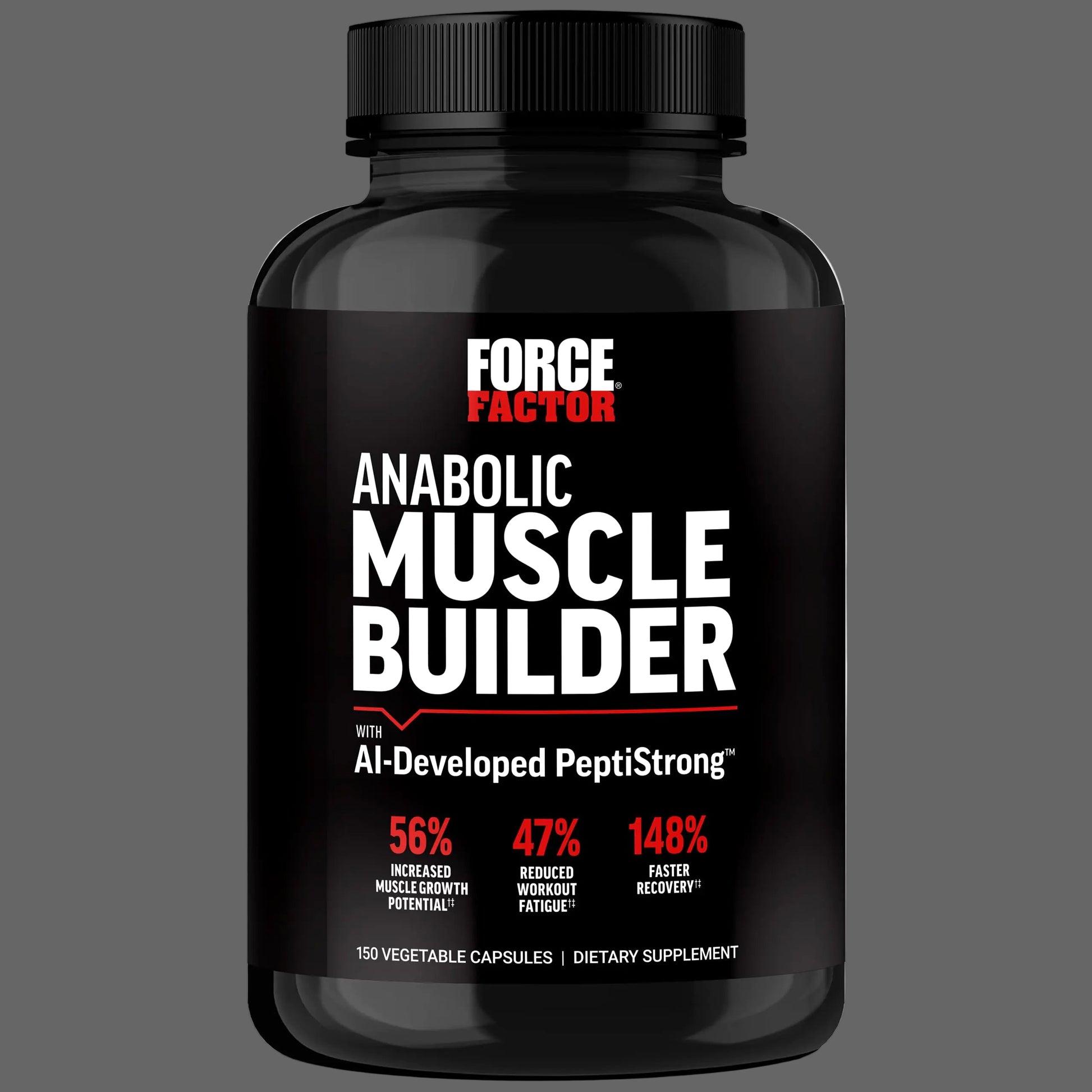 Black supplement bottle labeled 'Anabolic Muscle Builder' by Force Factor on a gray background