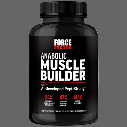 Black supplement bottle labeled 'Anabolic Muscle Builder' by Force Factor on a gray background