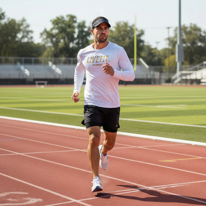 White long-sleeve shirt with 'LIVEFIT. PERFORMANCE' text on a white background