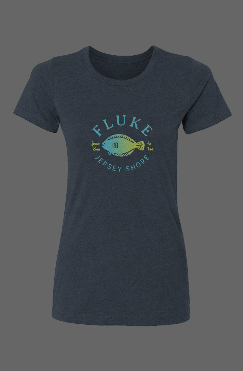 Navy blue t-shirt with 'Fluke Jersey Shore' graphic on a gray
