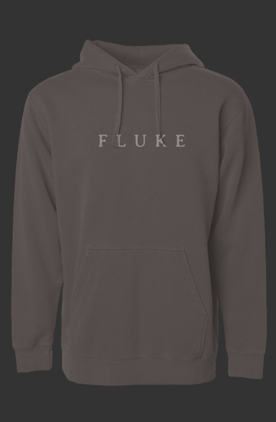 Dark gray hoodie with 'FLUKE' logo on a dark gray background
