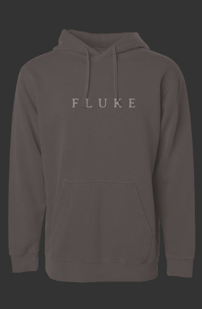 Dark gray hoodie with 'FLUKE' logo on a dark gray background