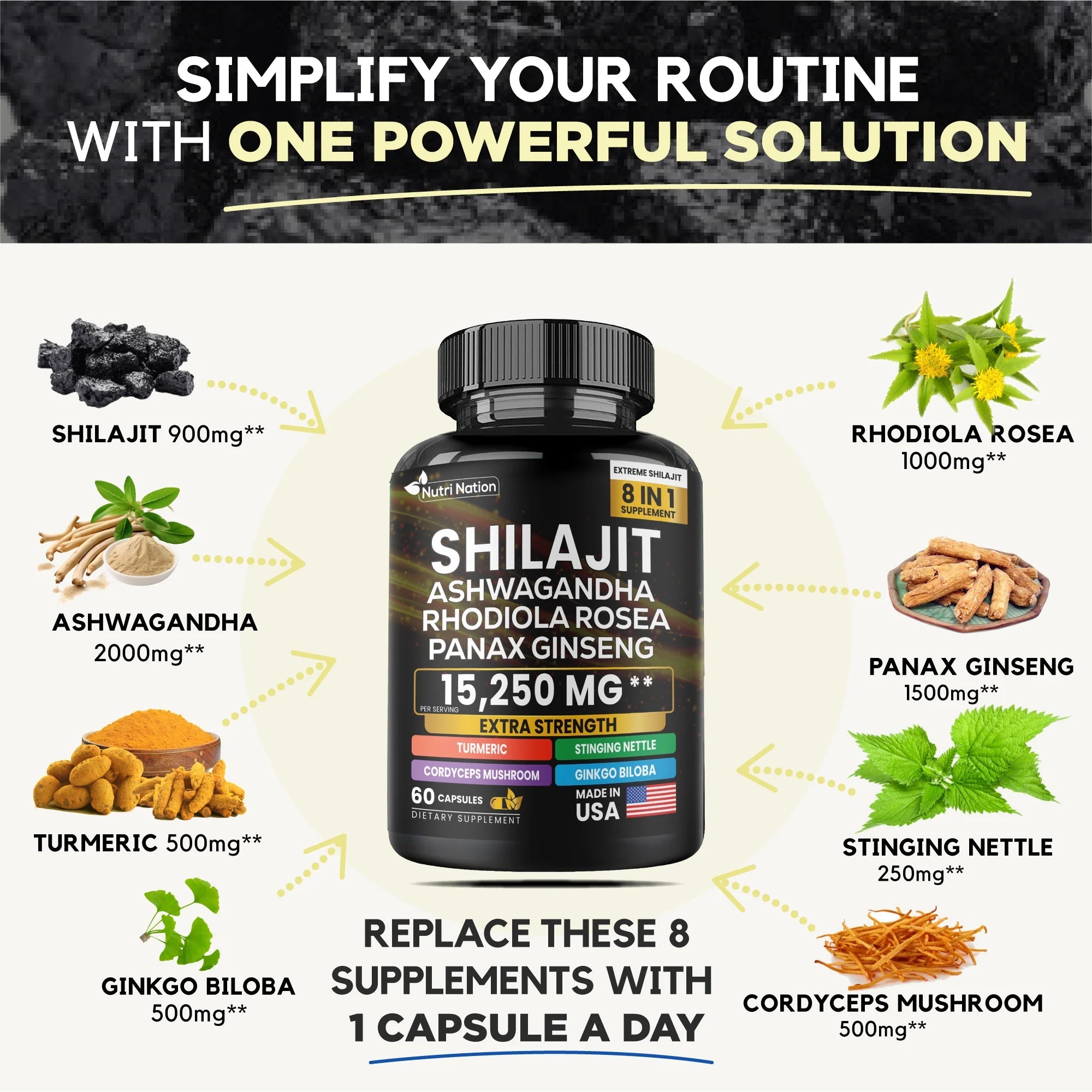 Shilajit Ashwagandha Rhodiola Rosea Panax Ginseng 15,220Mg 8 in 1 (60 Capsules)