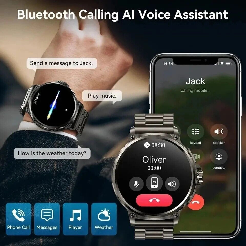 Smartwatch and phone displaying Bluetooth calling and AI voice assistant features.