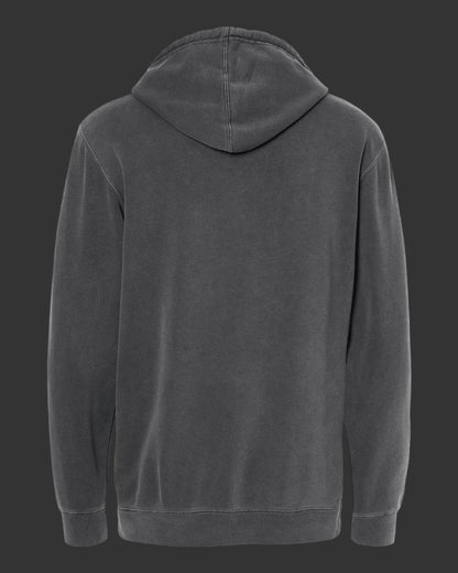 Back view of a dark gray hoodie on a Dark background