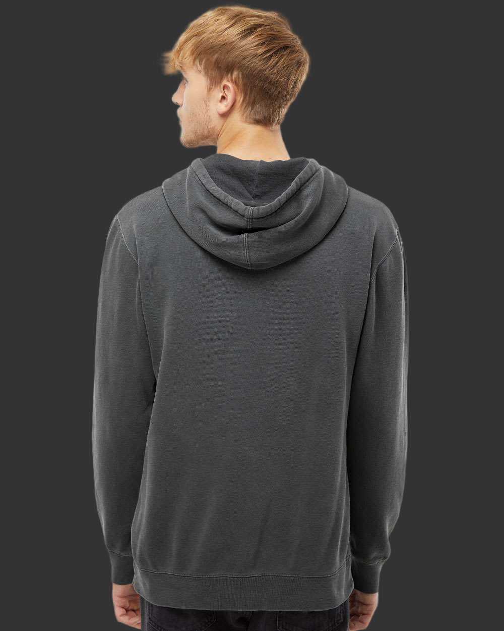 Person wearing a gray hoodie from behind on a Dark Gray background