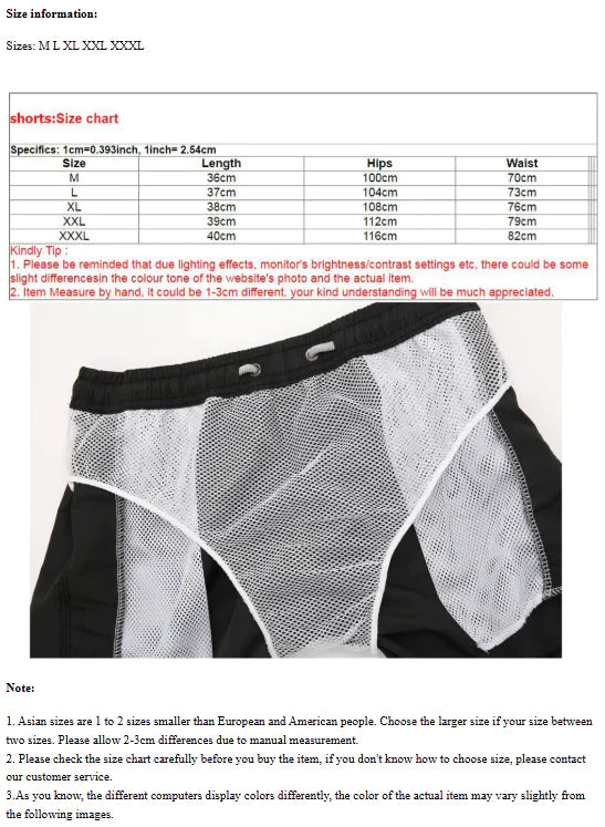 Size chart for men's underwear with measurements and a sample product.
