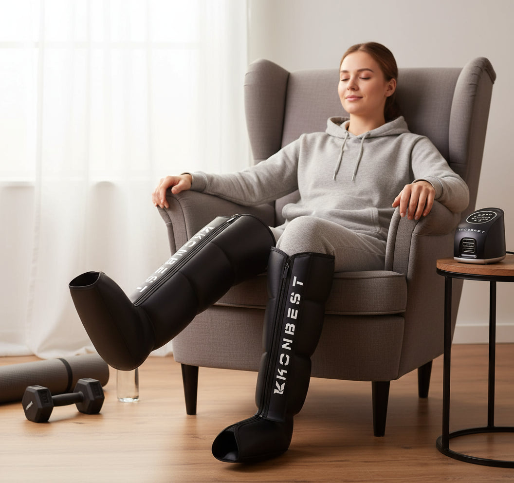 Black knee pads with 'KONBEST' branding and a power bank on a white background
