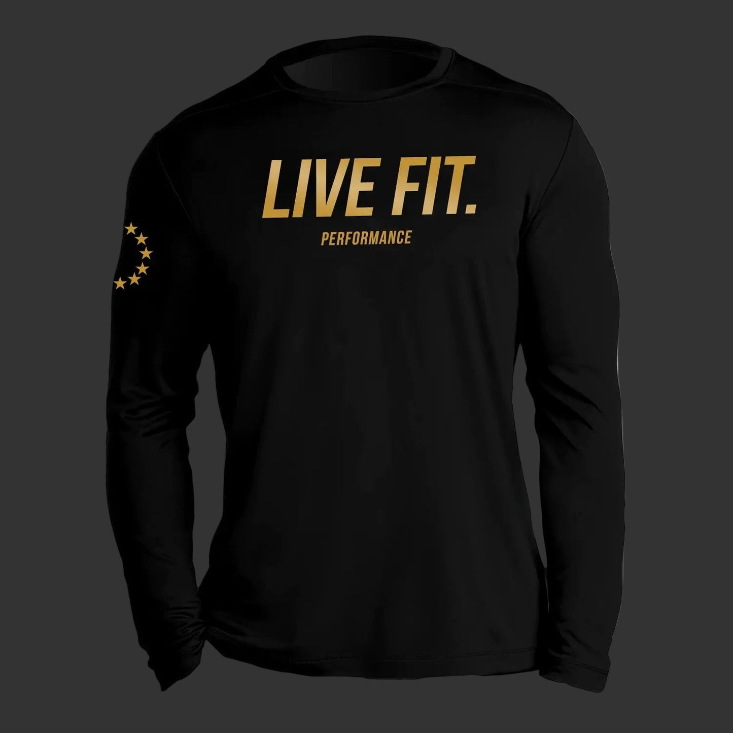 Black long-sleeve shirt with 'LIVE FIT' text on a white background