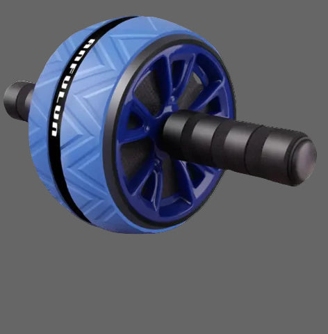 Blue ab roller with black handles on a dark gray background