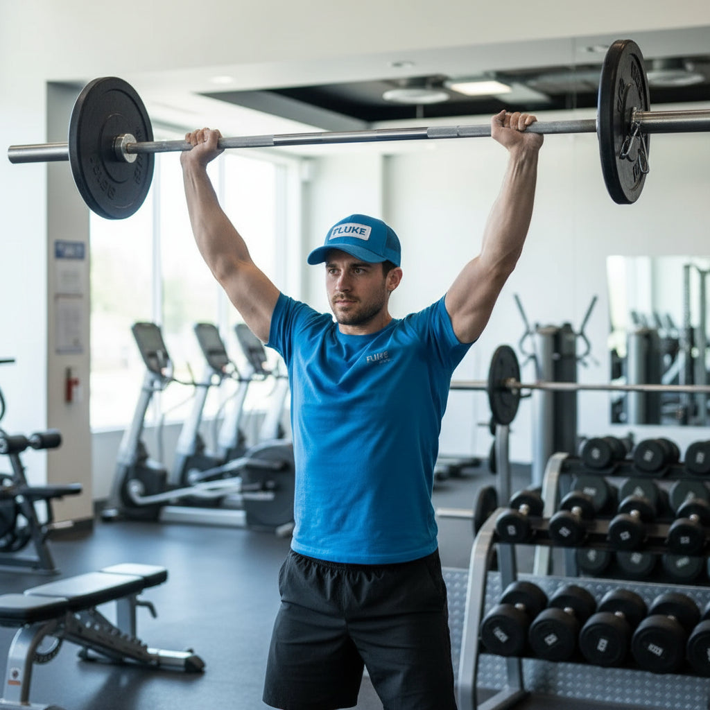 Blue cap with 'Fluke' logo on a white and black gym background