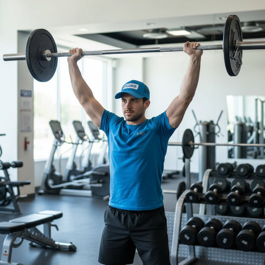 Blue cap with 'Fluke' logo on a white and black gym background