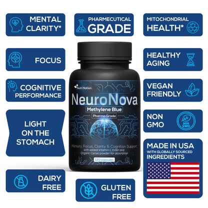 Methylene Blue Pharmaceutical (USP) Grade 120 Capsules - Methylene Blue Supplement for Brain Support, Focus, Energy & Clarity Made in USA in GMP Certified Laboratory