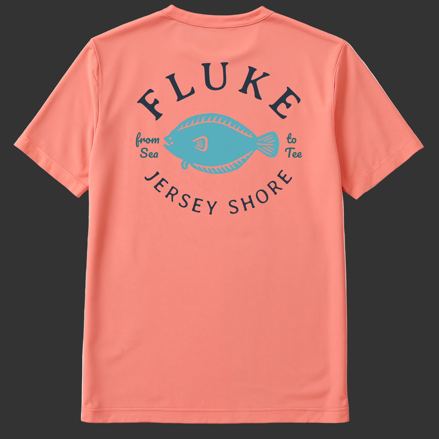 Pink Coral t-shirt with 'Fluke Jersey Shore' graphic on a gray background (backofshirt)