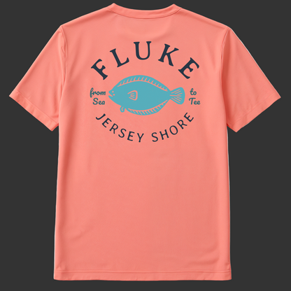 Pink Coral t-shirt with 'Fluke Jersey Shore' graphic on a gray background (backofshirt)