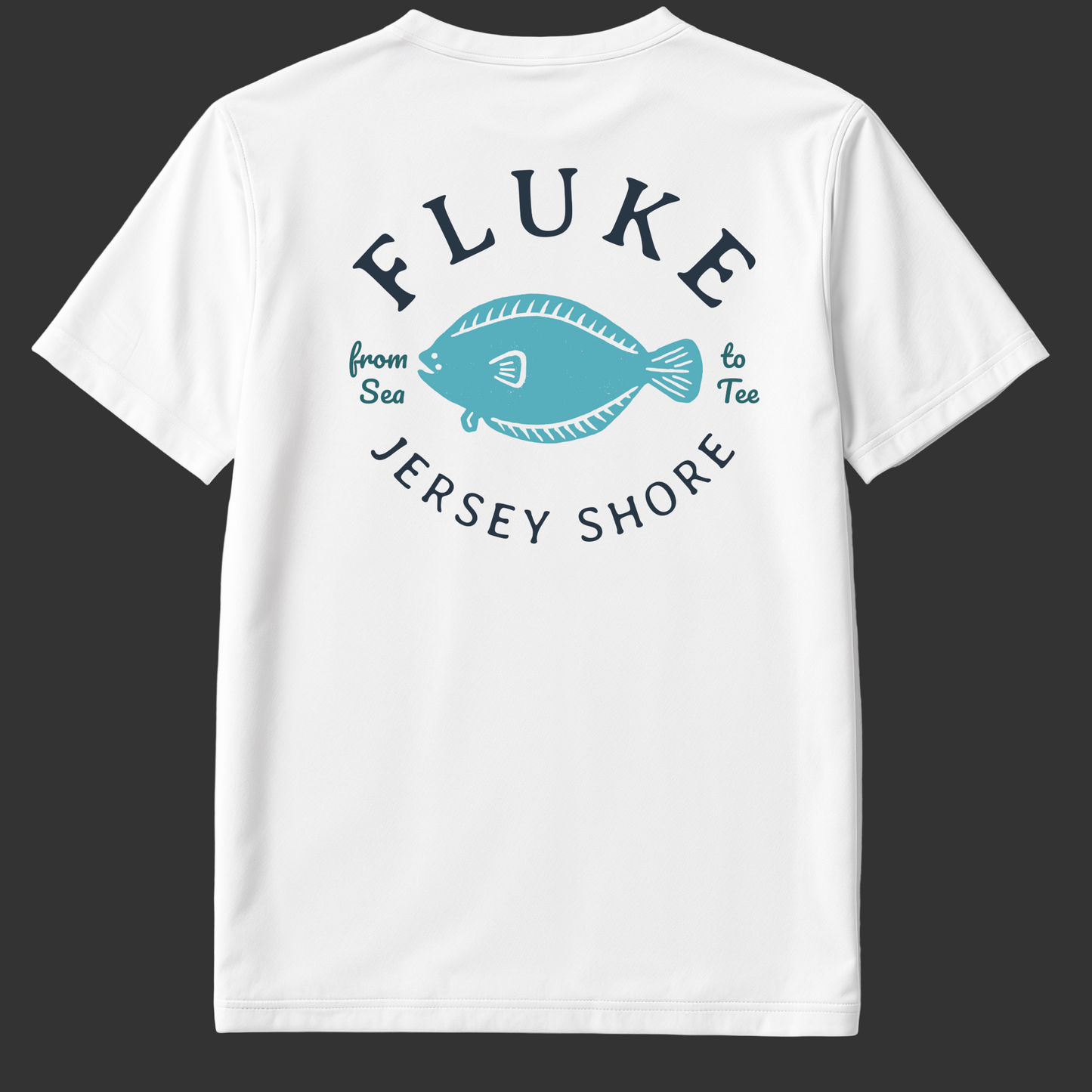 White t-shirt with 'Fluke Jersey Shore' graphic design on a gray background (backofshirt)