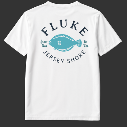 White t-shirt with 'Fluke Jersey Shore' graphic design on a gray background (backofshirt)