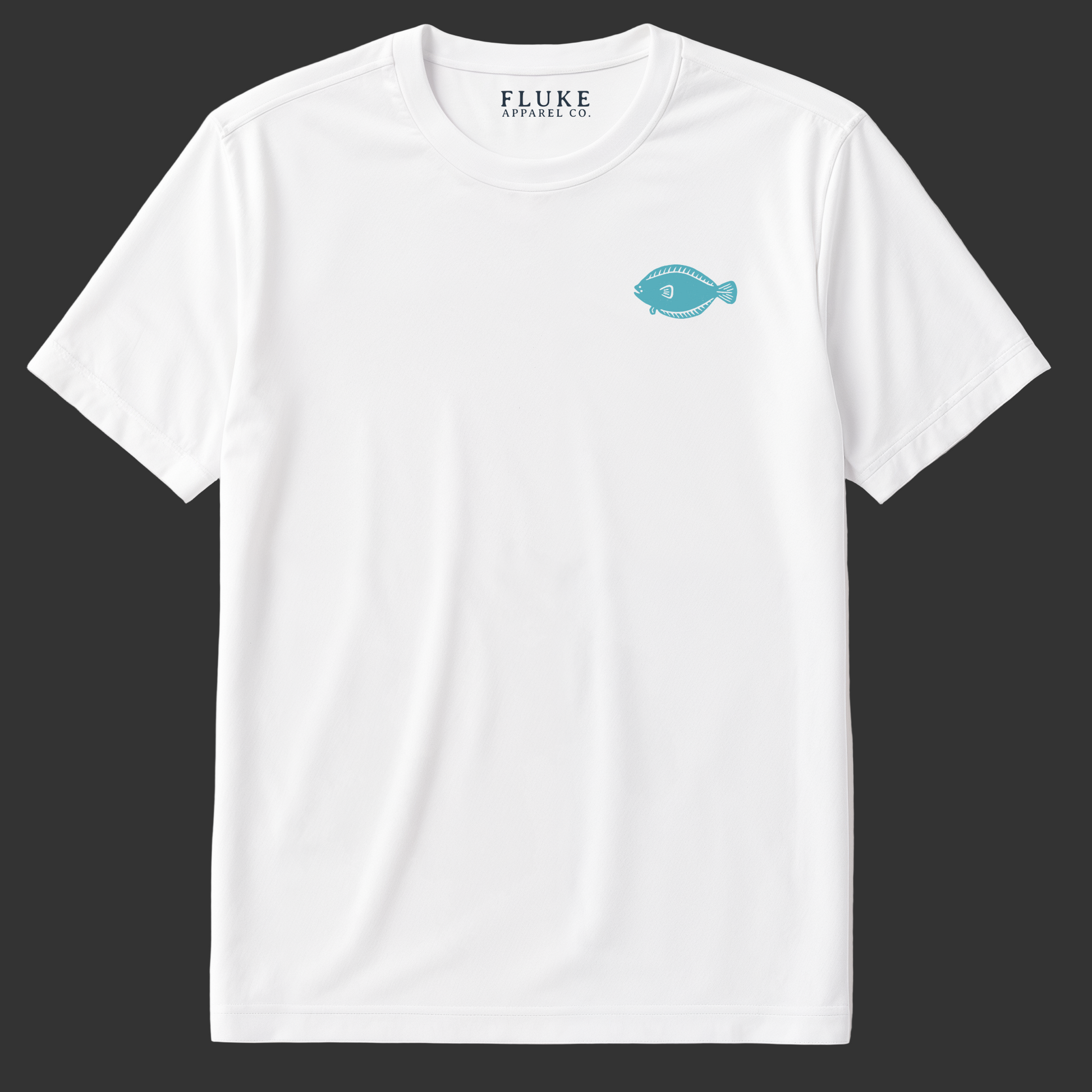 White t-shirt with a blue logo on a white background