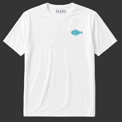 White t-shirt with a blue logo on a white background