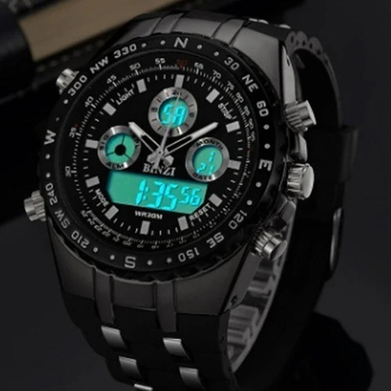 Analog and digital smart watch on a desk.