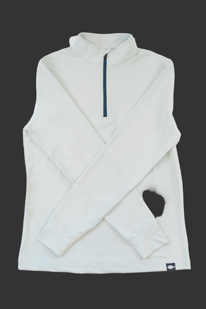 Light gray sleeveless jacket with a quarter zip on a Dark  background