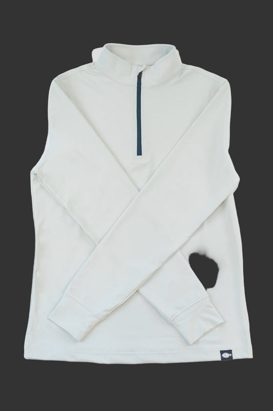 Light gray sleeveless jacket with a quarter zip on a Dark  background