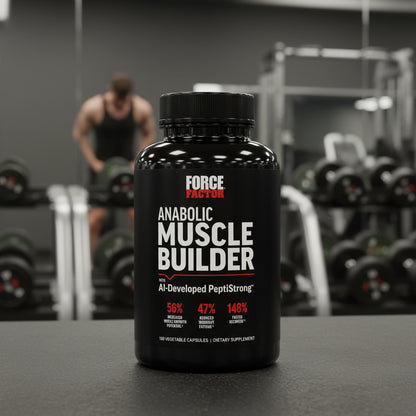 Black supplement bottle labeled 'Anabolic Muscle Builder' by Force Factor on a gym background.