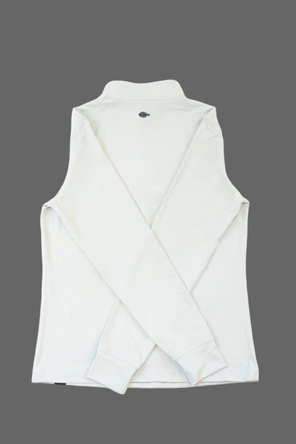 Folded white towel with a small black logo on a light gray background