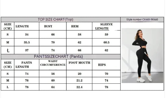 Size chart for tops and pants with a model wearing black athletic wear.