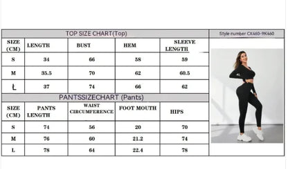 Size chart for tops and pants with a model wearing black athletic wear.