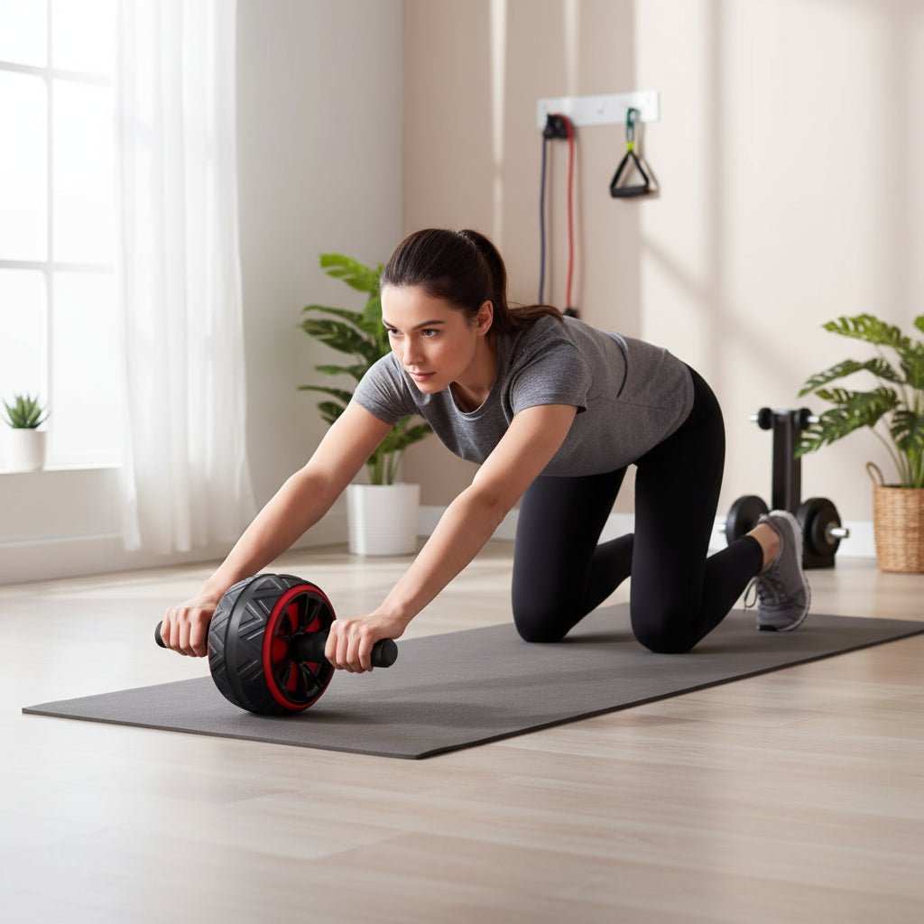 Black and red ab roller with a free kneeling pad on a gym background