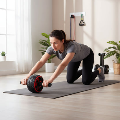 Black and red ab roller with a free kneeling pad on a gym background