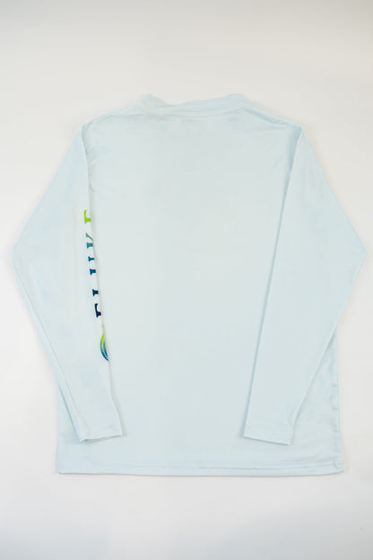 Light blue long-sleeve  Fluke shirt with a colorful logo on the sleeve against a dark gray background