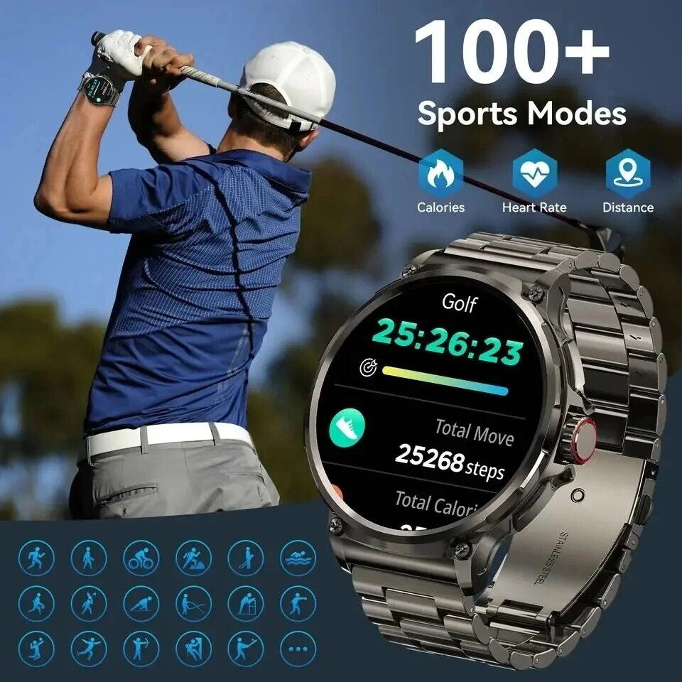 Smartwatch on a golfer's wrist with sports mode features displayed, including calories, heart rate, and distance.