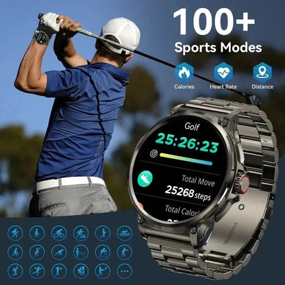 Smartwatch on a golfer's wrist with sports mode features displayed, including calories, heart rate, and distance.