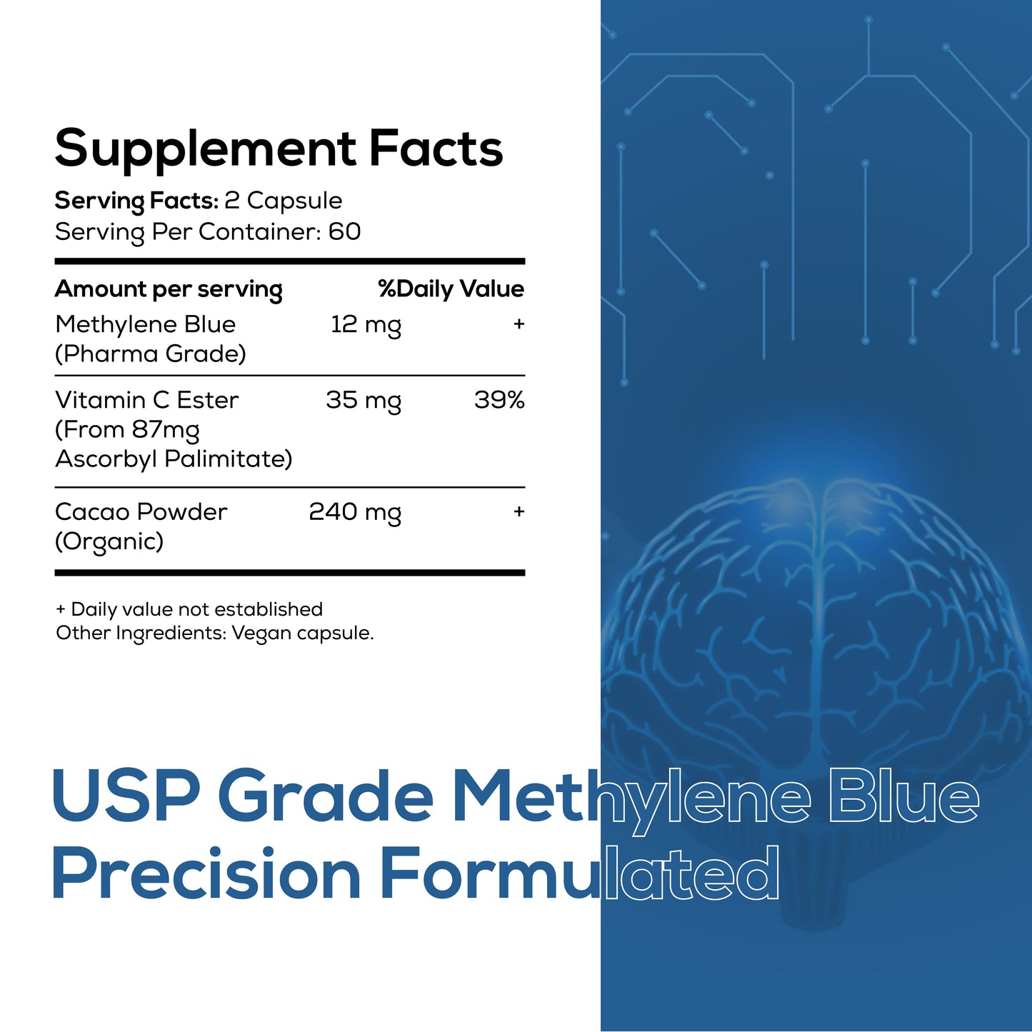 Methylene Blue Pharmaceutical (USP) Grade 120 Capsules - Methylene Blue Supplement for Brain Support, Focus, Energy & Clarity Made in USA in GMP Certified Laboratory