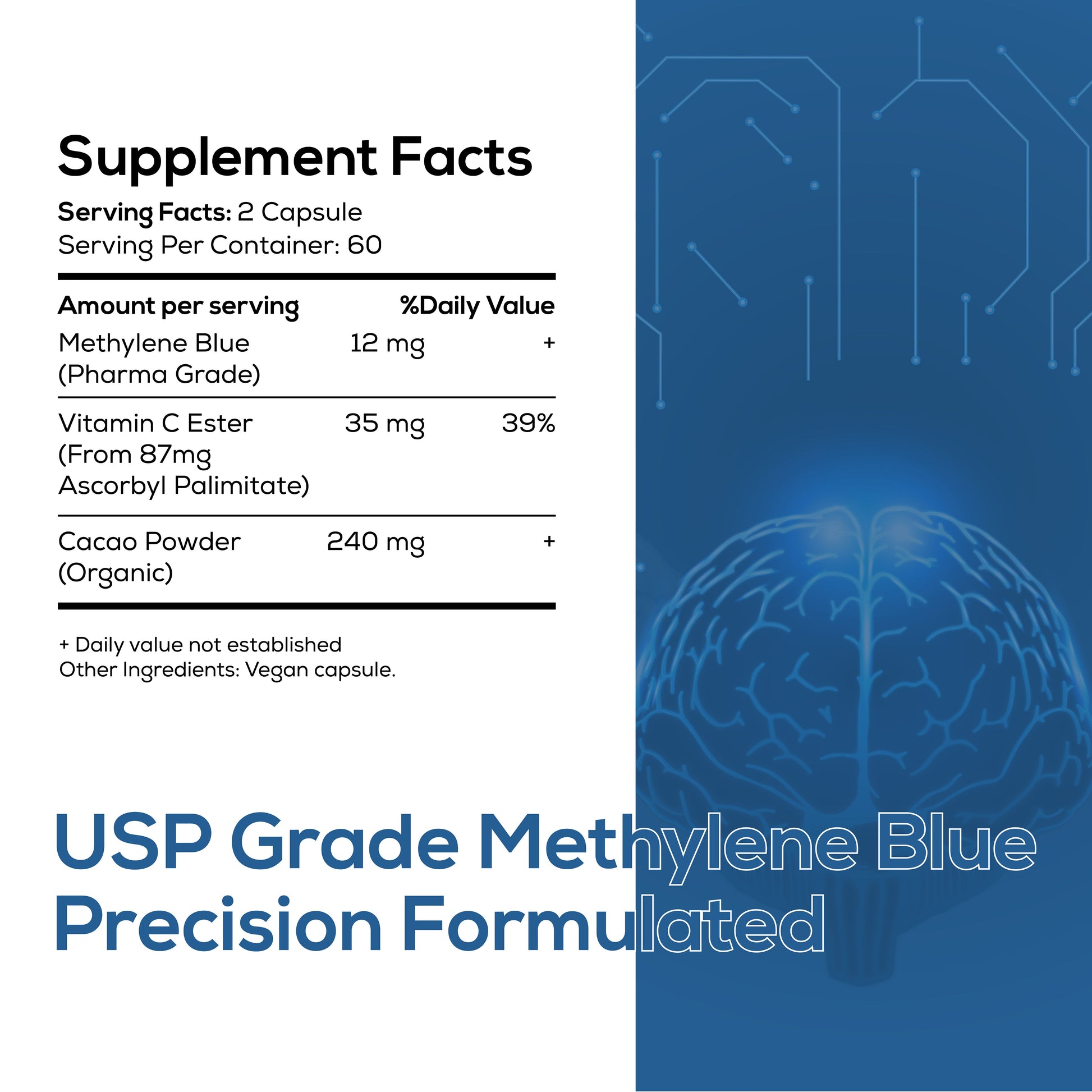 Methylene Blue Pharmaceutical (USP) Grade 120 Capsules - Methylene Blue Supplement for Brain Support, Focus, Energy & Clarity Made in USA in GMP Certified Laboratory