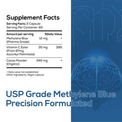 Methylene Blue Pharmaceutical (USP) Grade 120 Capsules - Methylene Blue Supplement for Brain Support, Focus, Energy & Clarity Made in USA in GMP Certified Laboratory