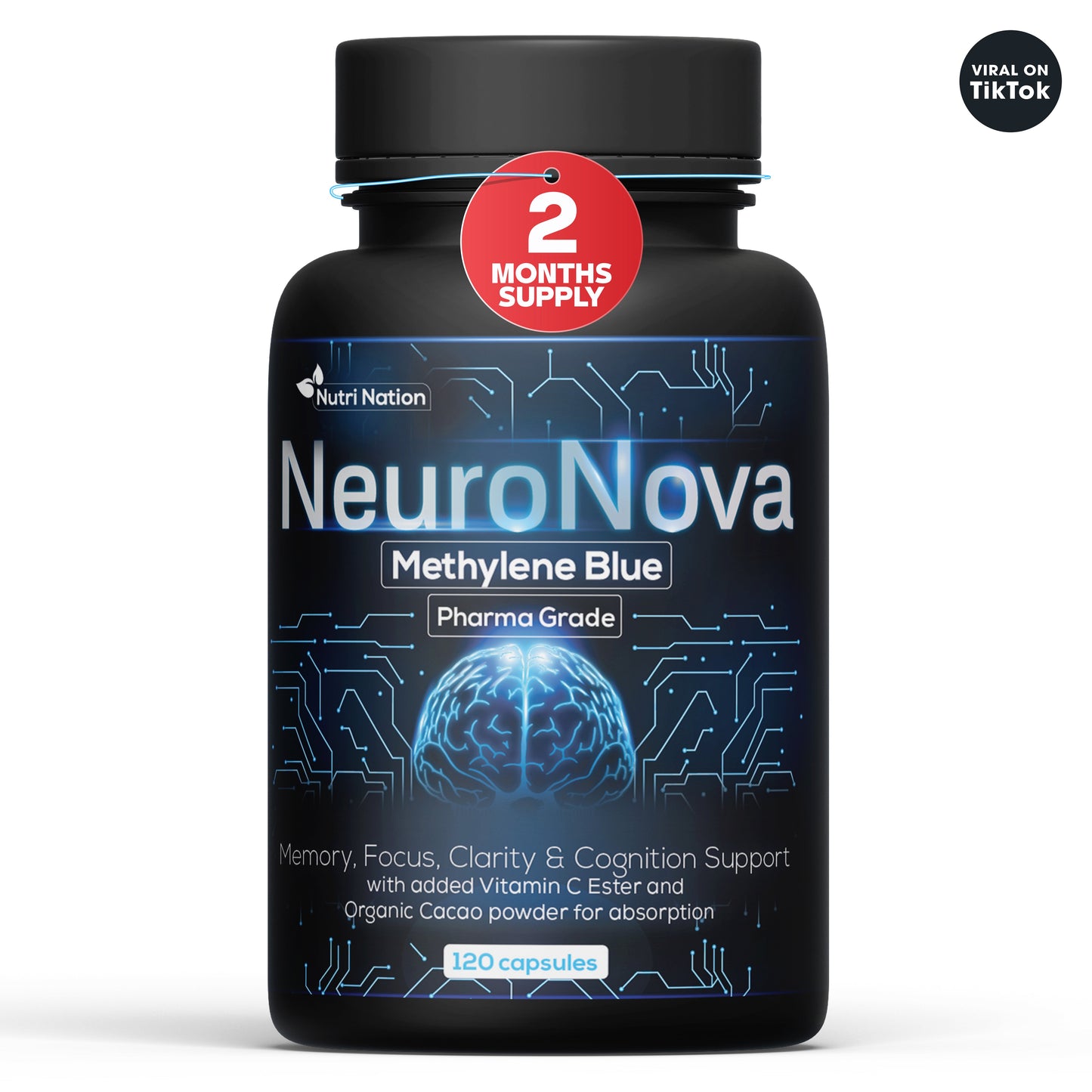 Methylene Blue Pharmaceutical (USP) Grade 120 Capsules - Methylene Blue Supplement for Brain Support, Focus, Energy & Clarity Made in USA in GMP Certified Laboratory