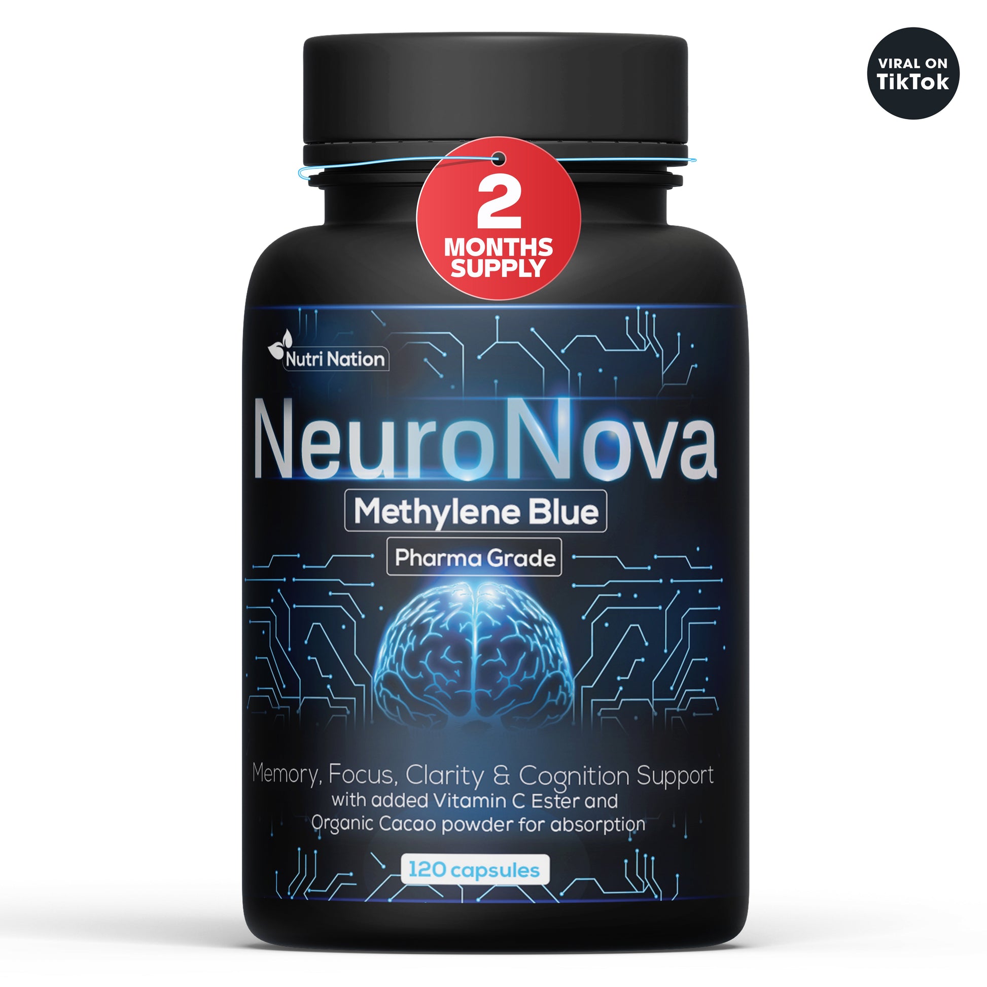 Methylene Blue Pharmaceutical (USP) Grade 120 Capsules - Methylene Blue Supplement for Brain Support, Focus, Energy & Clarity Made in USA in GMP Certified Laboratory