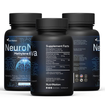 Methylene Blue Pharmaceutical (USP) Grade 120 Capsules - Methylene Blue Supplement for Brain Support, Focus, Energy & Clarity Made in USA in GMP Certified Laboratory