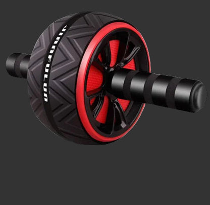 Black and red ab roller with a free kneeling pad on a gray background