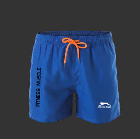 Blue shorts with orange drawstring and 'Fitness Muscle' branding on a grey background