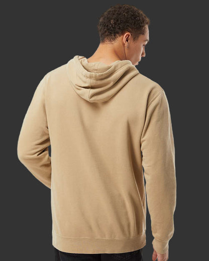 Person wearing a beige hoodie from behind on a gray background (Back)